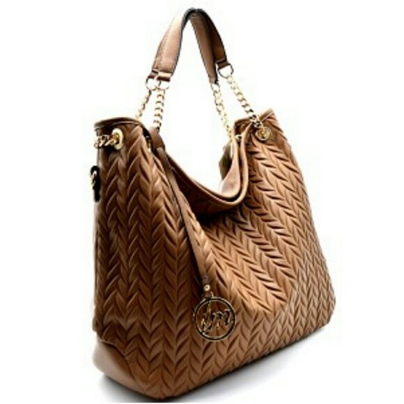 Le Miel TAN Woven Pattern Gold Medallion Shoulder Handbag - Picture 2 of 6